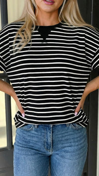 Sara Drop Shoulder Striped Top Black White