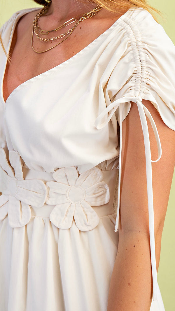 Fleur Appliqué V Neck Mini Dress Ivory