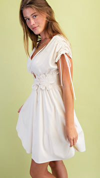 Fleur Appliqué V Neck Mini Dress Ivory