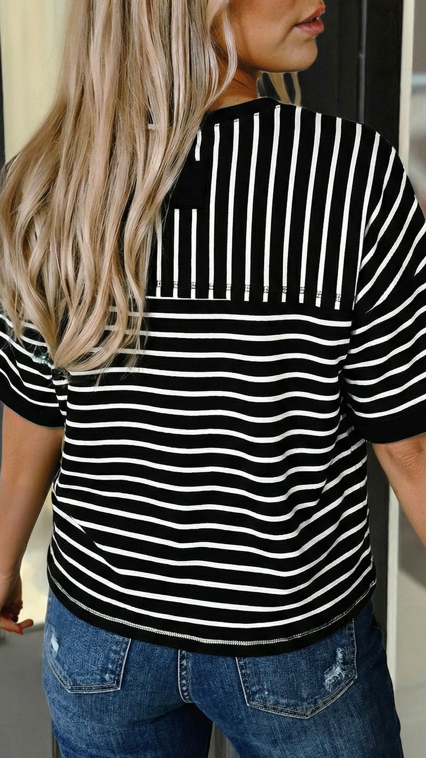Sara Drop Shoulder Striped Top Black White