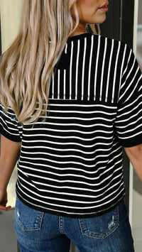 Sara Drop Shoulder Striped Top Black White