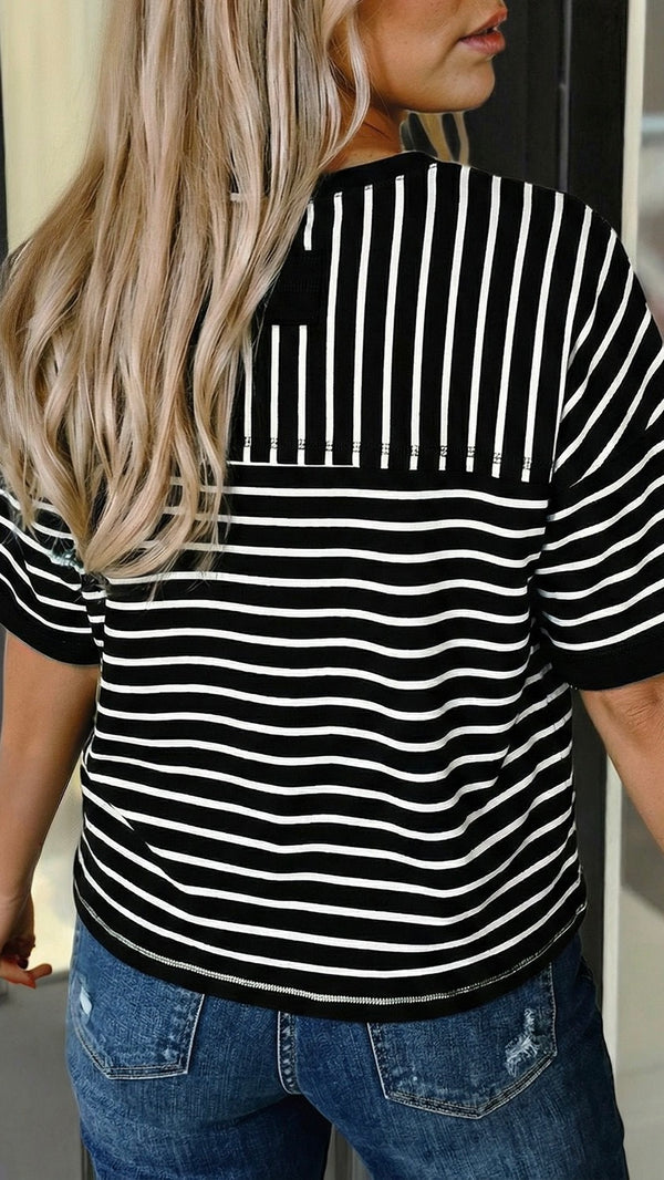 Sara Drop Shoulder Striped Top Black White
