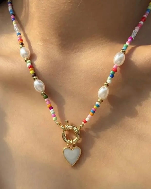Beaded Necklace Multi White Heart