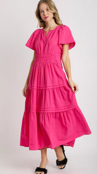 Tilly Tiered Midi Dress Hot Pink