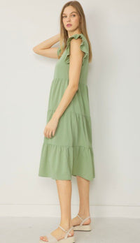 Jules V Neck Tiered Midi Dress Sage