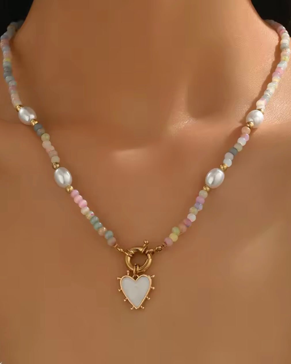 Heart Pendant Beaded Necklace Pastel
