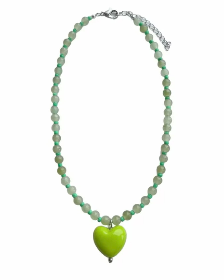 Knot Beaded Necklace Green Heart