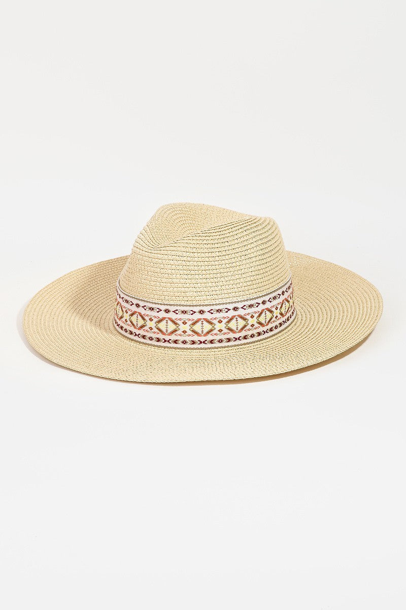 UBH047 Straw Fedora Embroidered Ivory