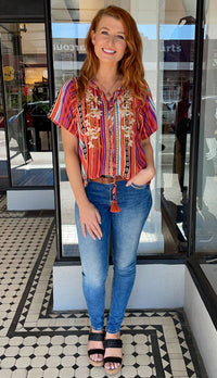 Mexicali Embroidered Tie Front Top Multi