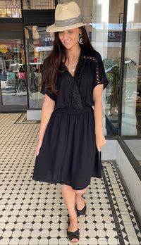 Delilah V Neck Lace Trim Dress Black