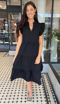 Jules V Neck Tiered Midi Dress Black