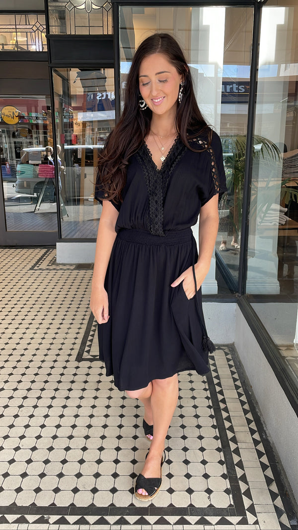 Delilah V Neck Lace Trim Dress Black