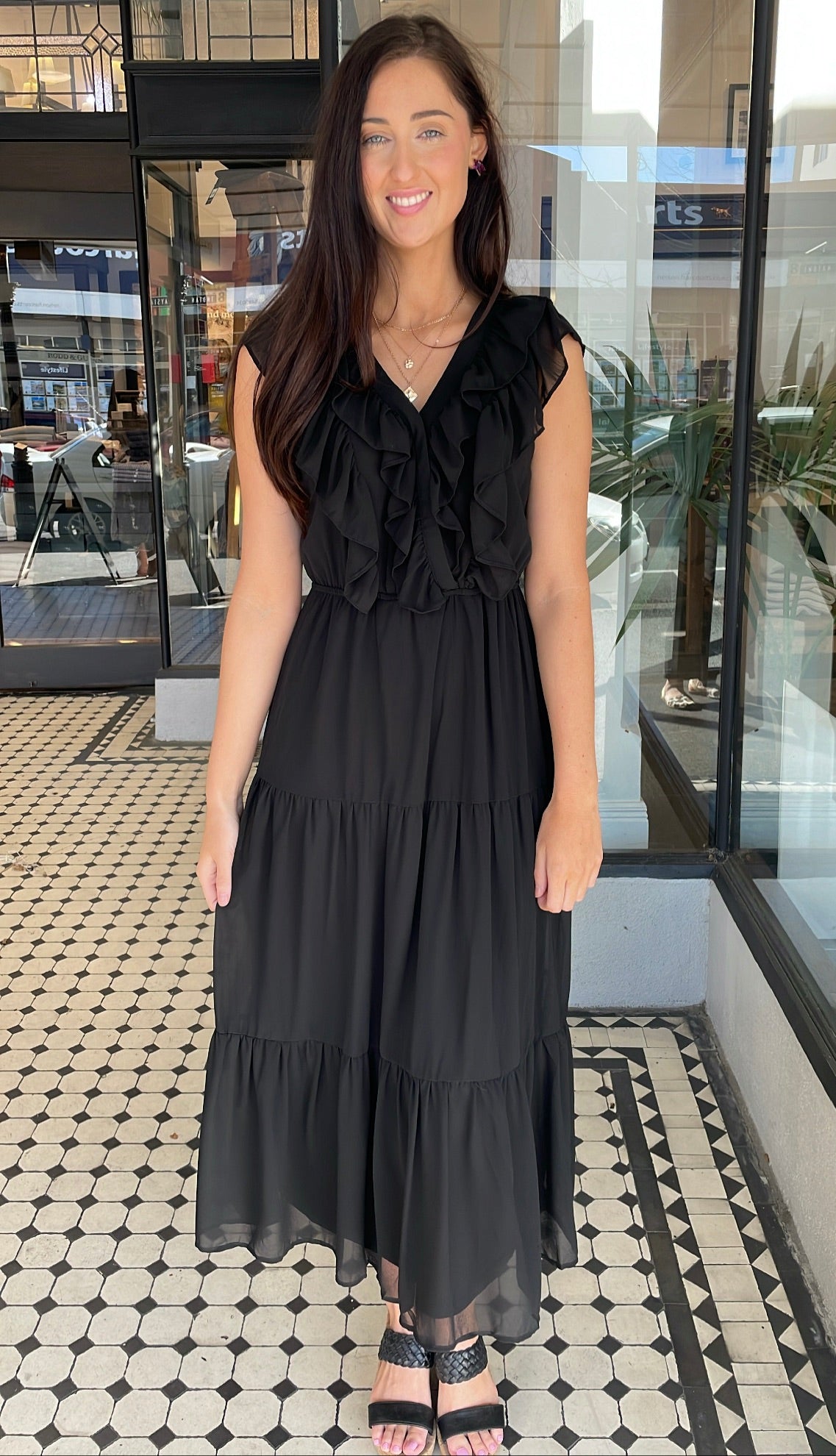 black chiffon tiered midi dress Self-Portrait Black Chiffon Tiered Midi Dress | Black
