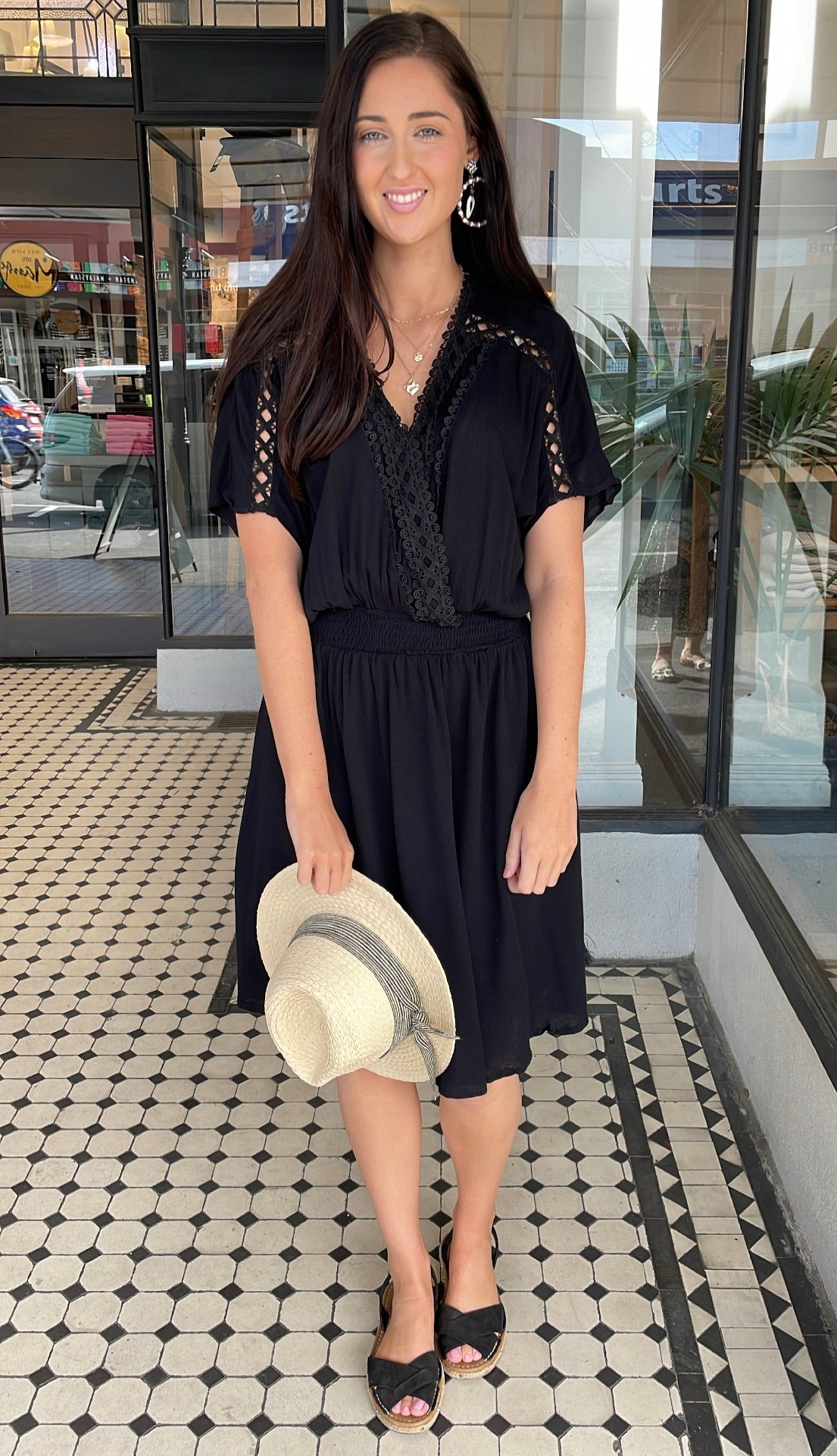 Delilah V Neck Lace Trim Dress Black