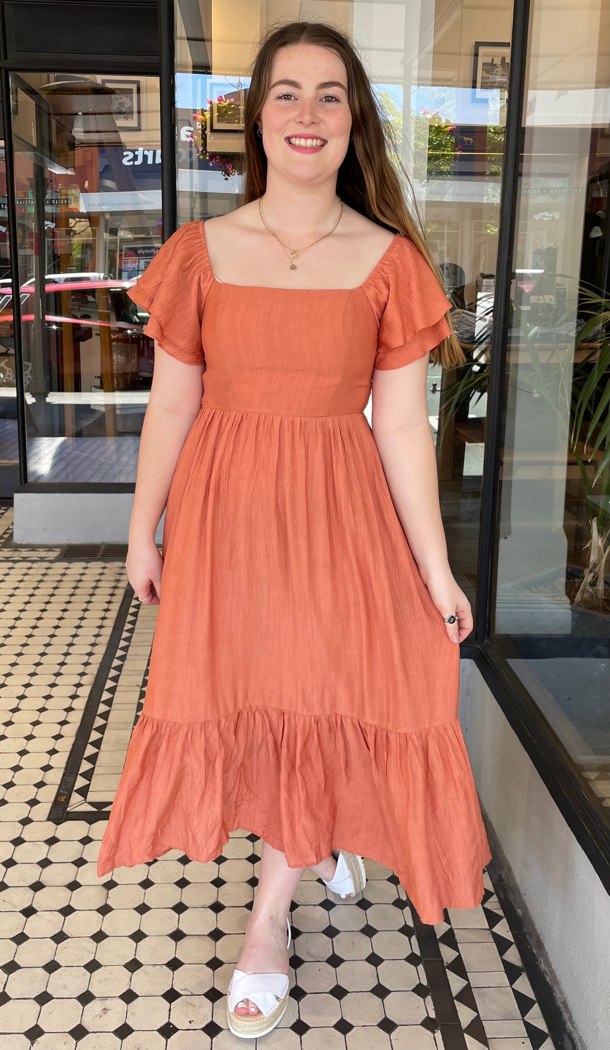 Gabriela Square Neck Ruffle Sleeve Dress Lt Rust