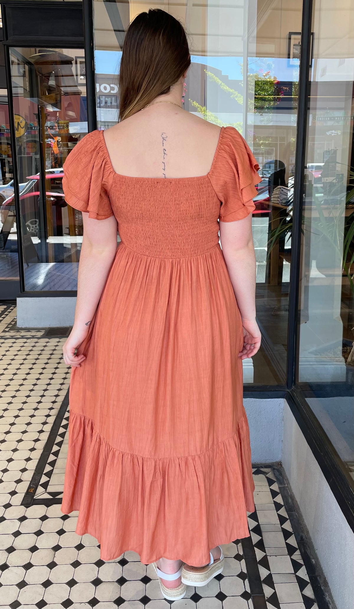 Gabriela Square Neck Ruffle Sleeve Dress Lt Rust