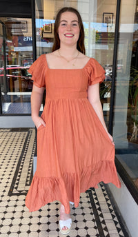 Gabriela Square Neck Ruffle Sleeve Dress Lt Rust