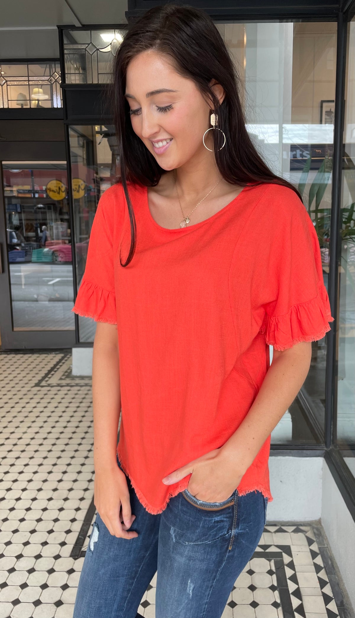 Jada Cut Out Back Linen Top Tangerine