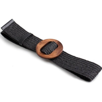 Belt020 Woven Belt Circle Wood Buckle Black