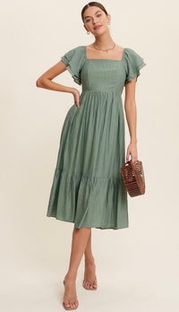 Gabriela Square Neck Ruffle Sleeve Dress Moss